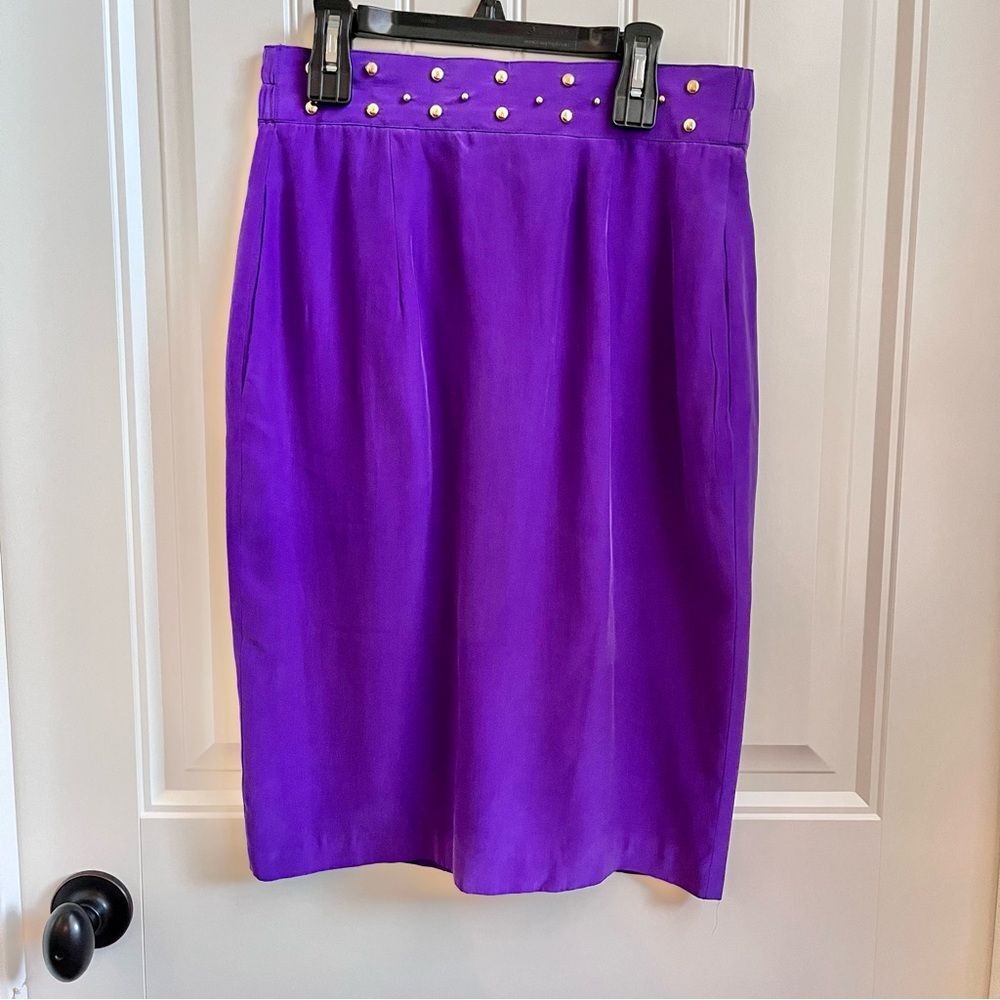 Vintage 90s 100% silk purple Pencil Skirt Gold Beaded Memphis Size Large